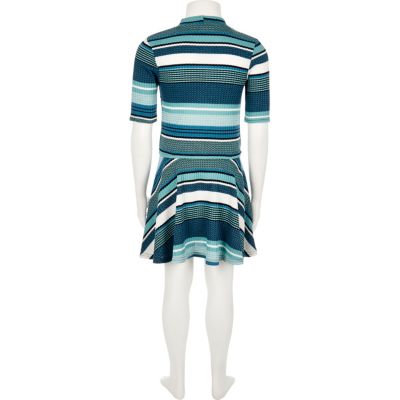 Girls blue stripe top skirt co-ord outfit